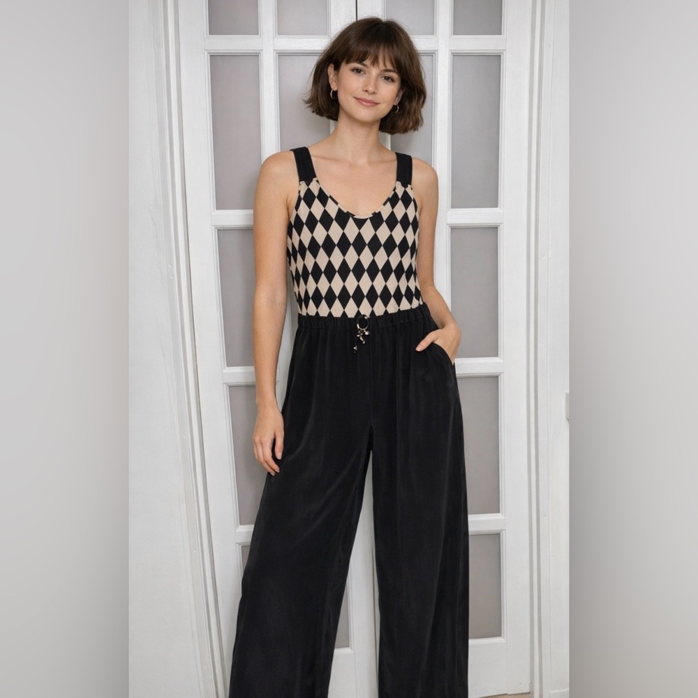Julie Haus Silk Harlequin Jumpsuit Black Cream Wide Leg Adjustable Straps